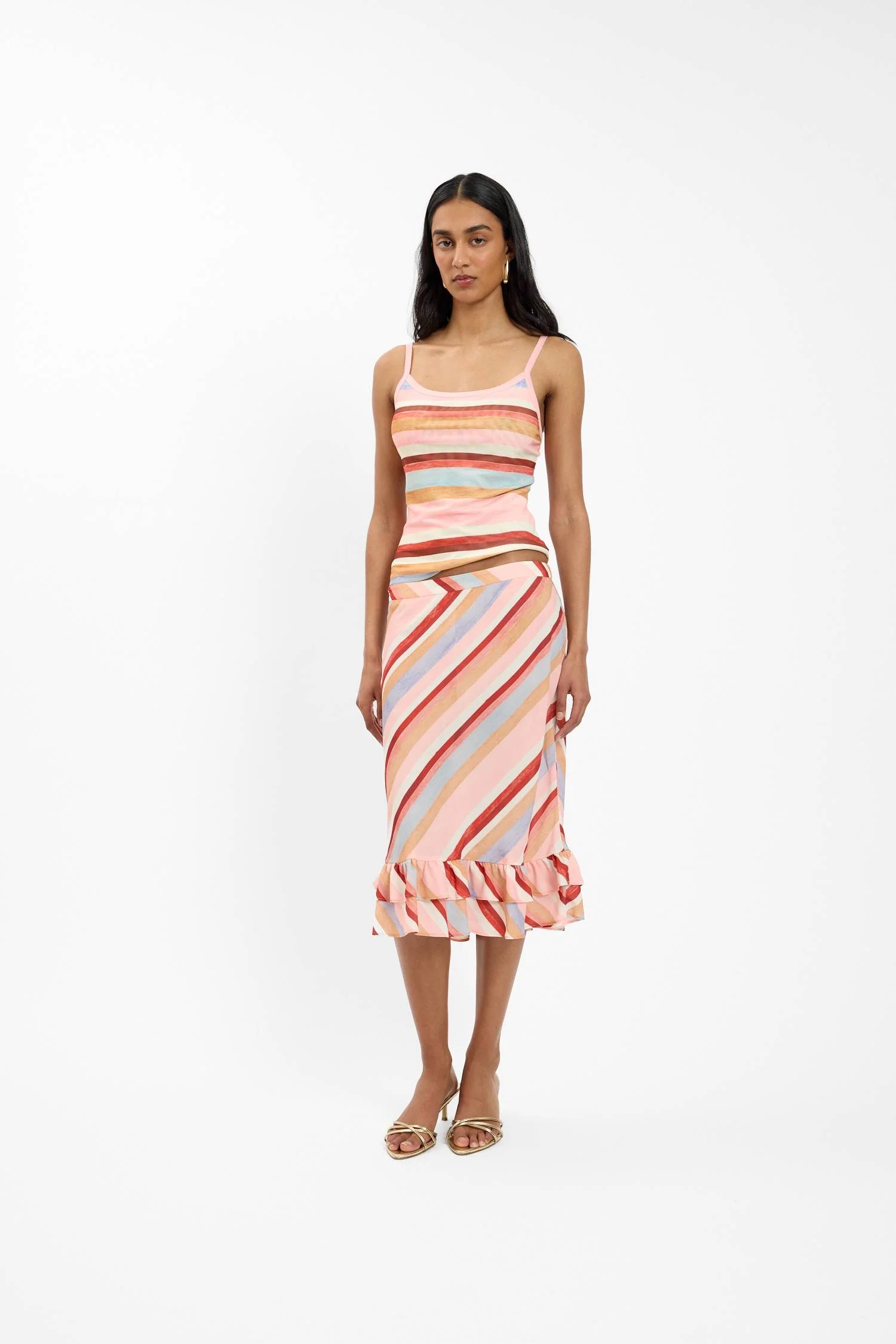 BLUSH STRIPE FRILL MIDI SKIRT