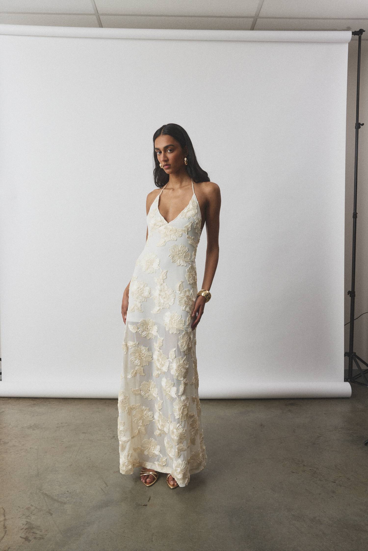 EMBELLISHED HALTER MAXI DRESS