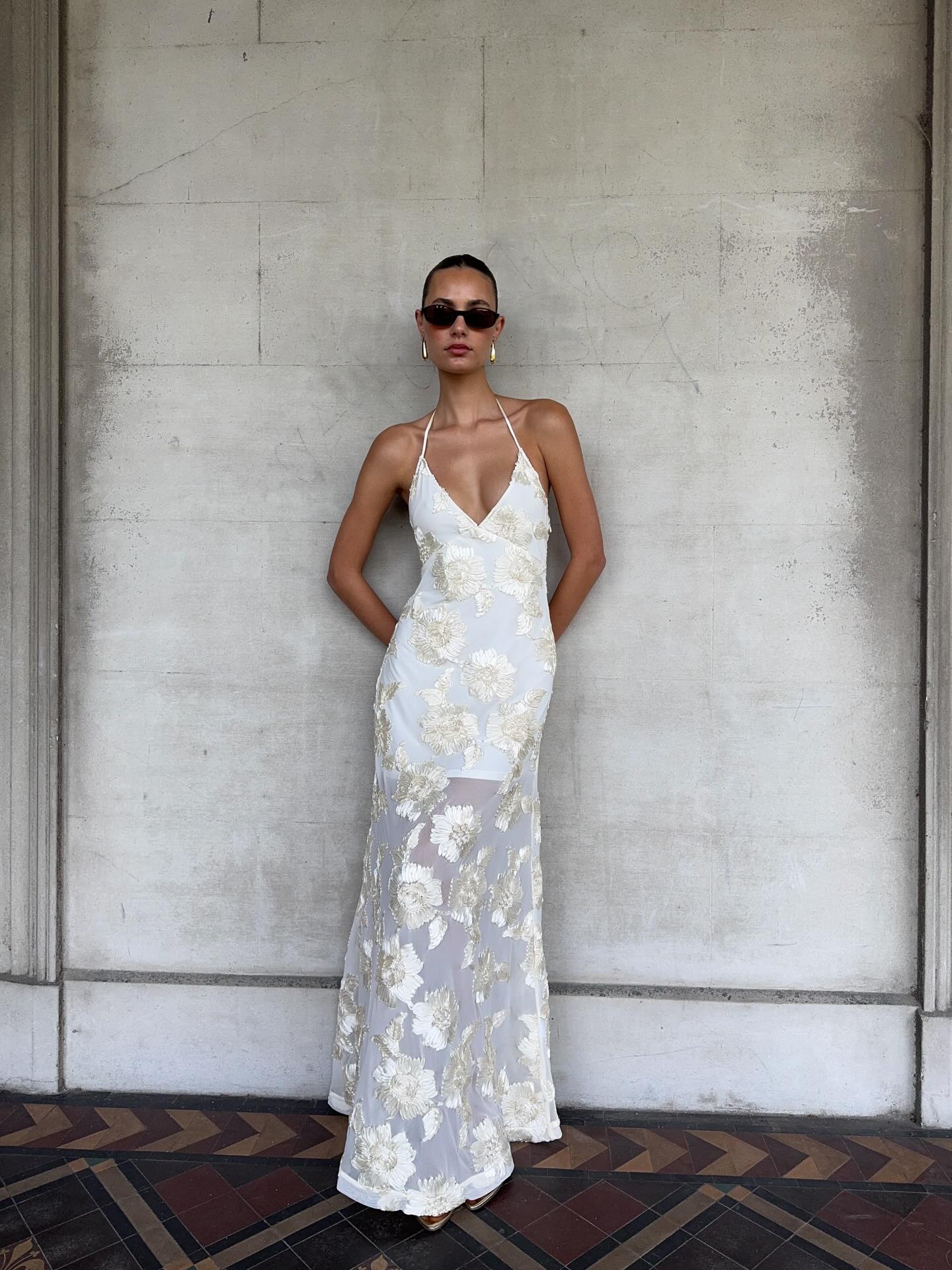 EMBELLISHED HALTER MAXI DRESS