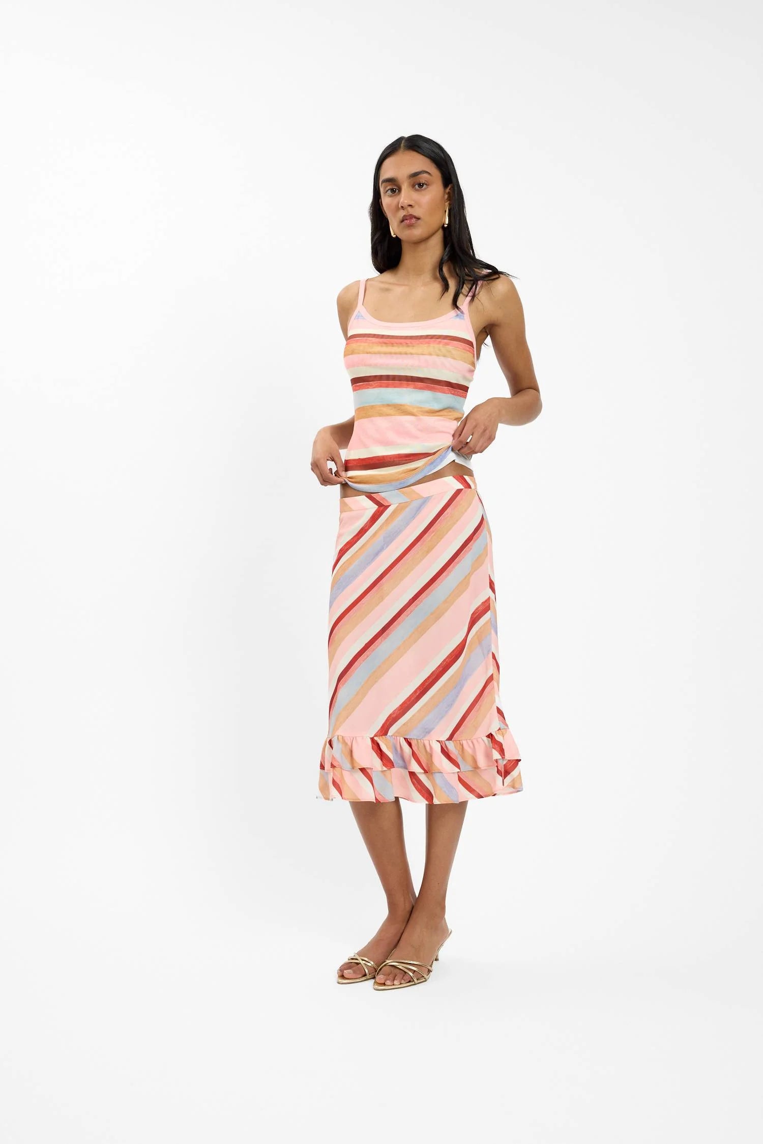 BLUSH STRIPE FRILL MIDI SKIRT