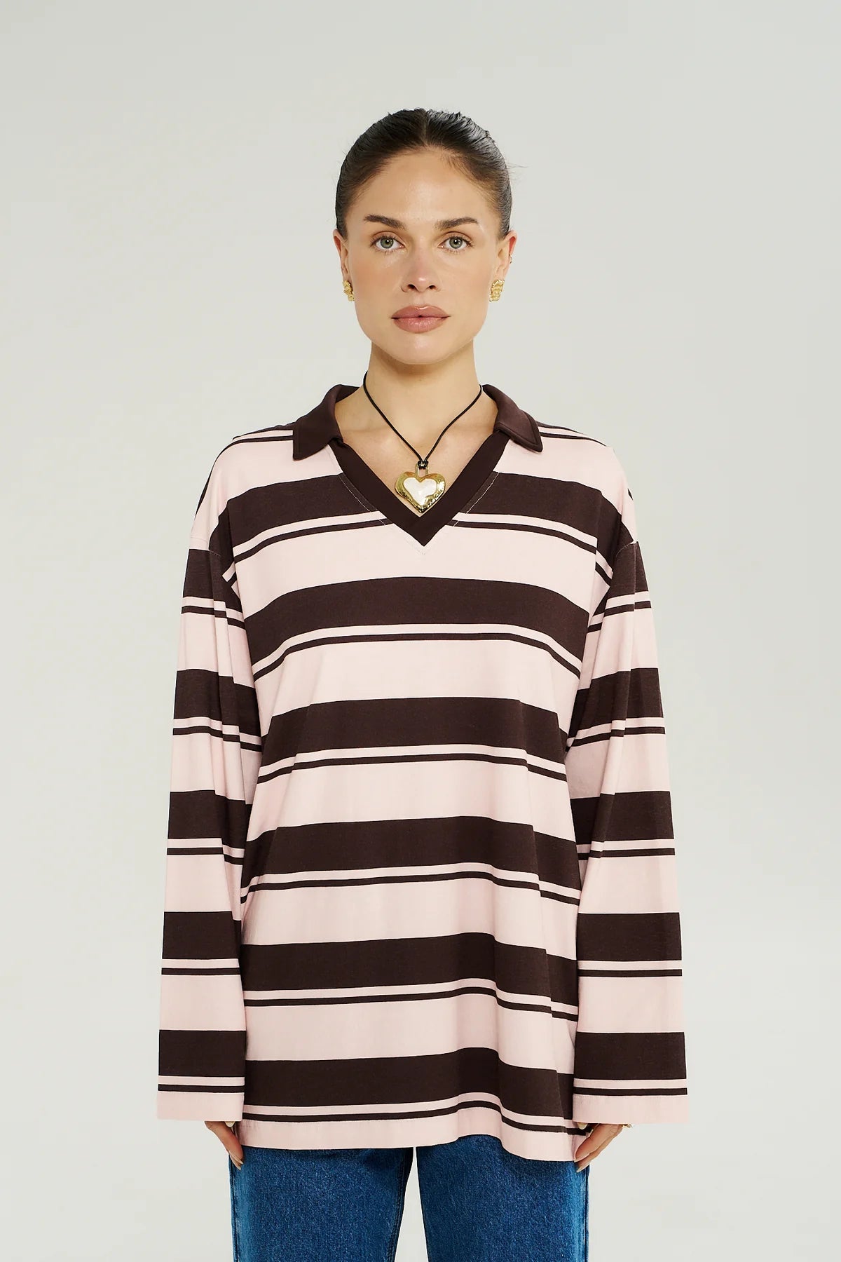 LS POLO TOP - CHOC ROSE STRIPE