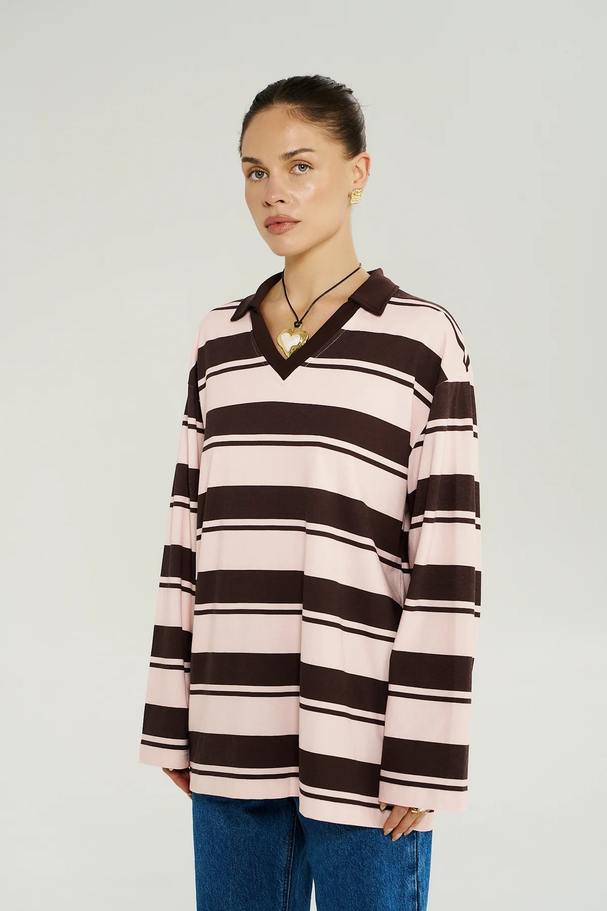 LS POLO TOP - CHOC ROSE STRIPE