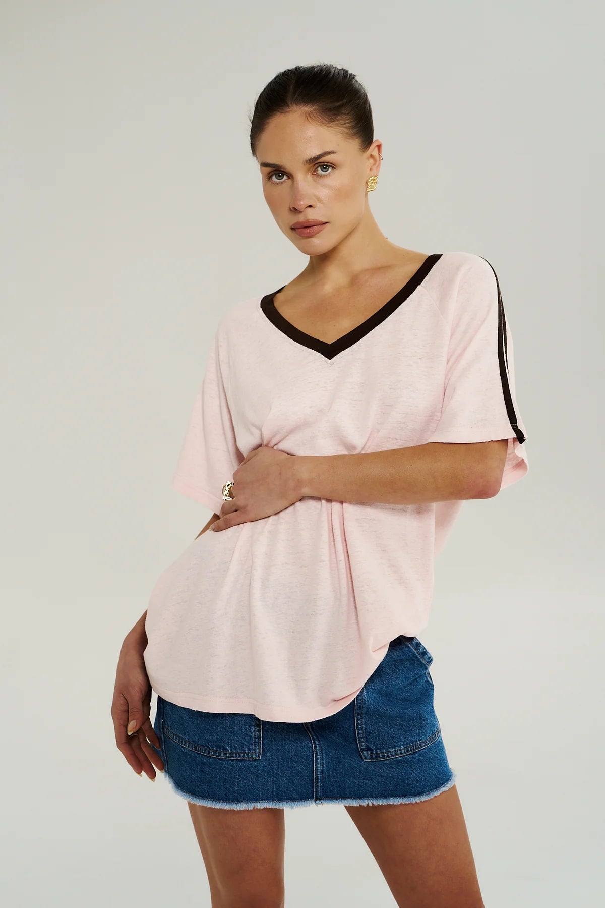 V NECK JERSEY TEE - DUSTY ROSE
