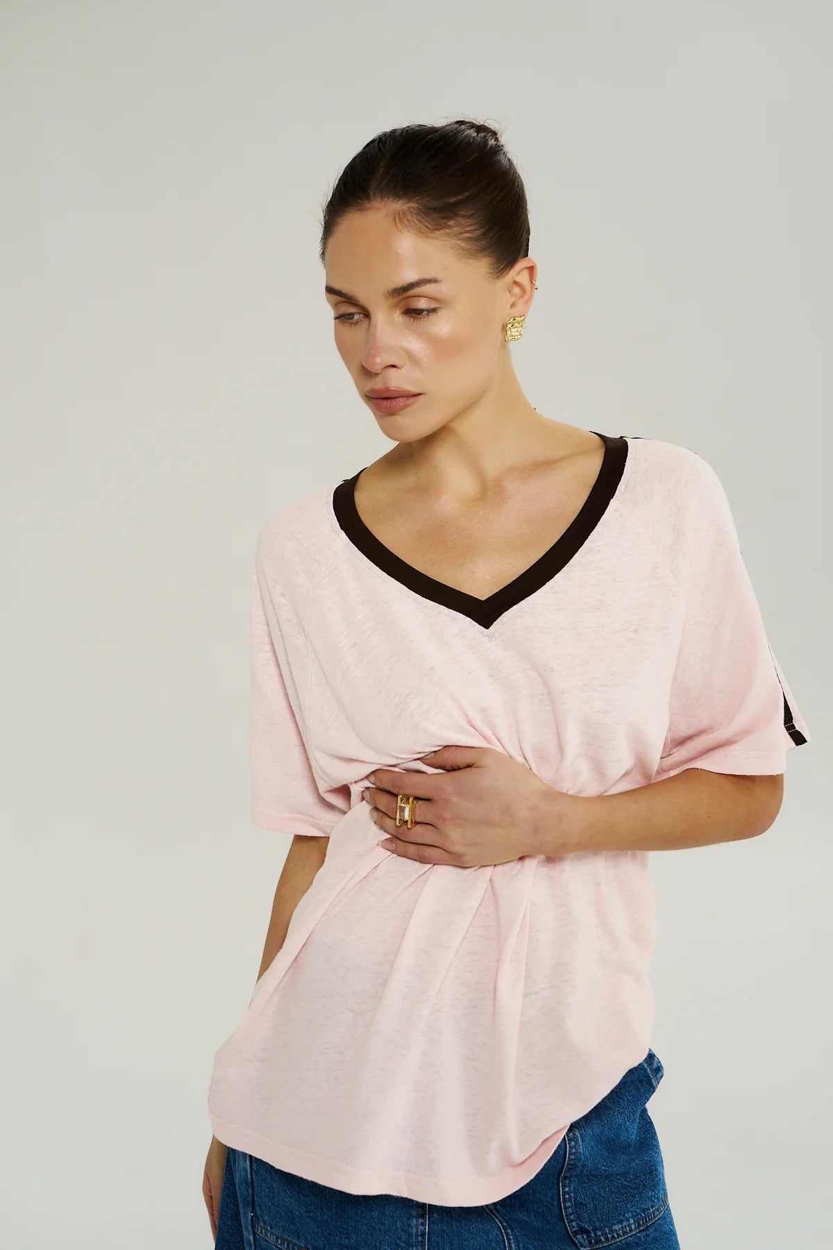 V NECK JERSEY TEE - DUSTY ROSE