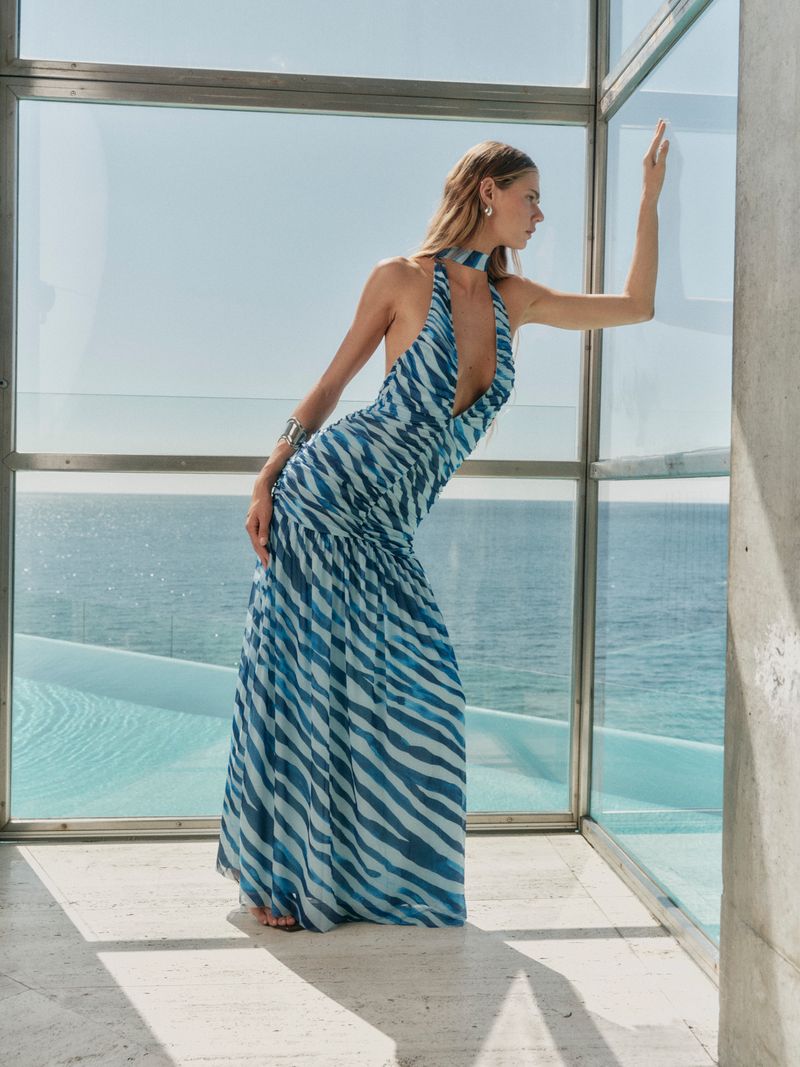 ALEKS ZEBRA HALTER MAXI DRESS
