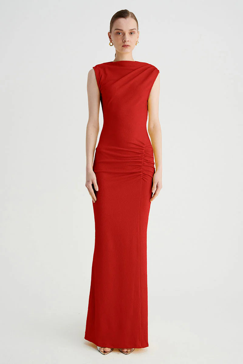 JACQUI ROUCHED MIDI DRESS - RED