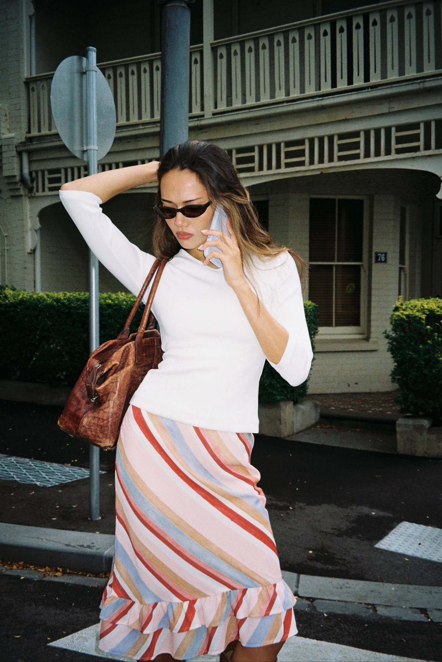 BLUSH STRIPE FRILL MIDI SKIRT