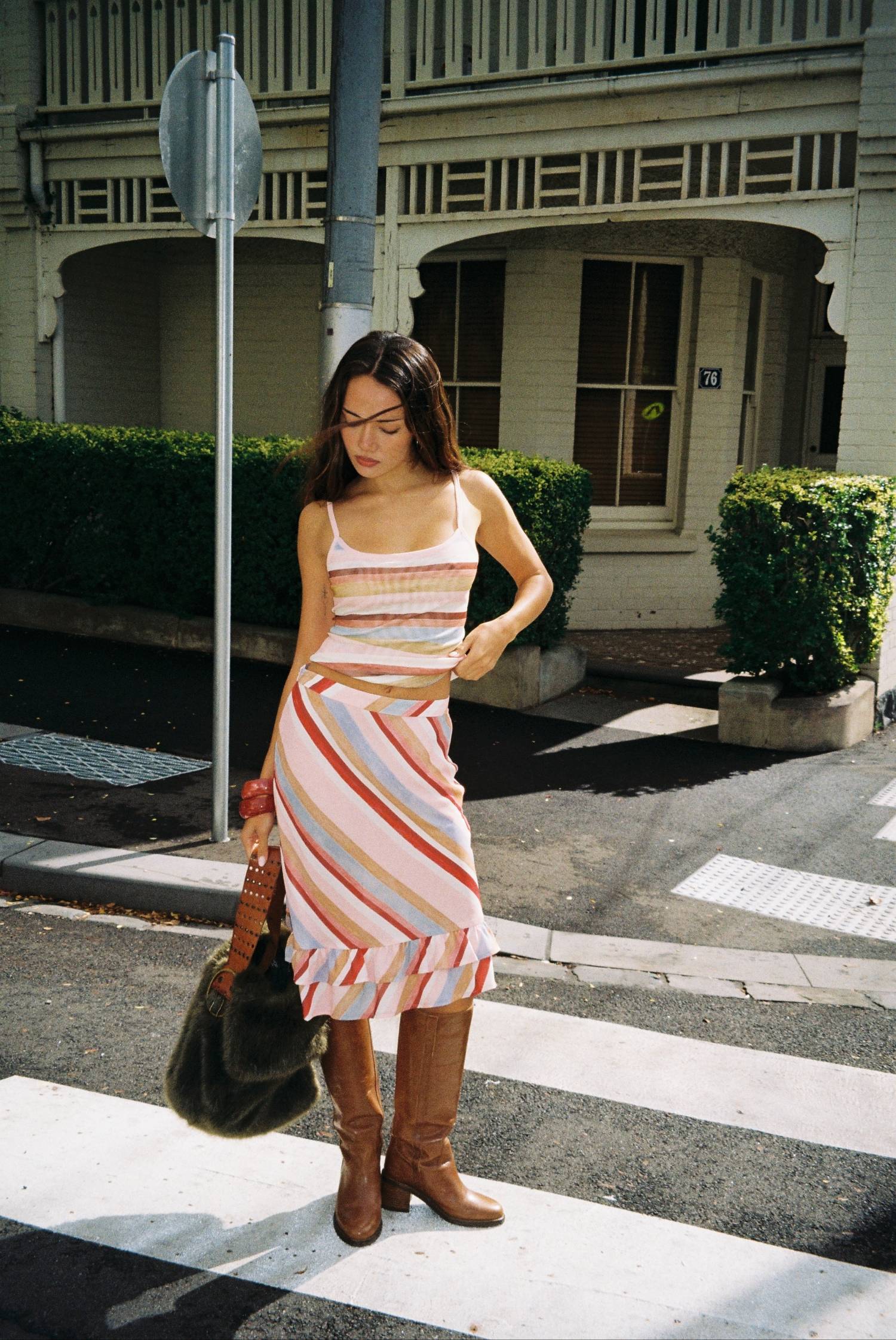 BLUSH STRIPE FRILL MIDI SKIRT