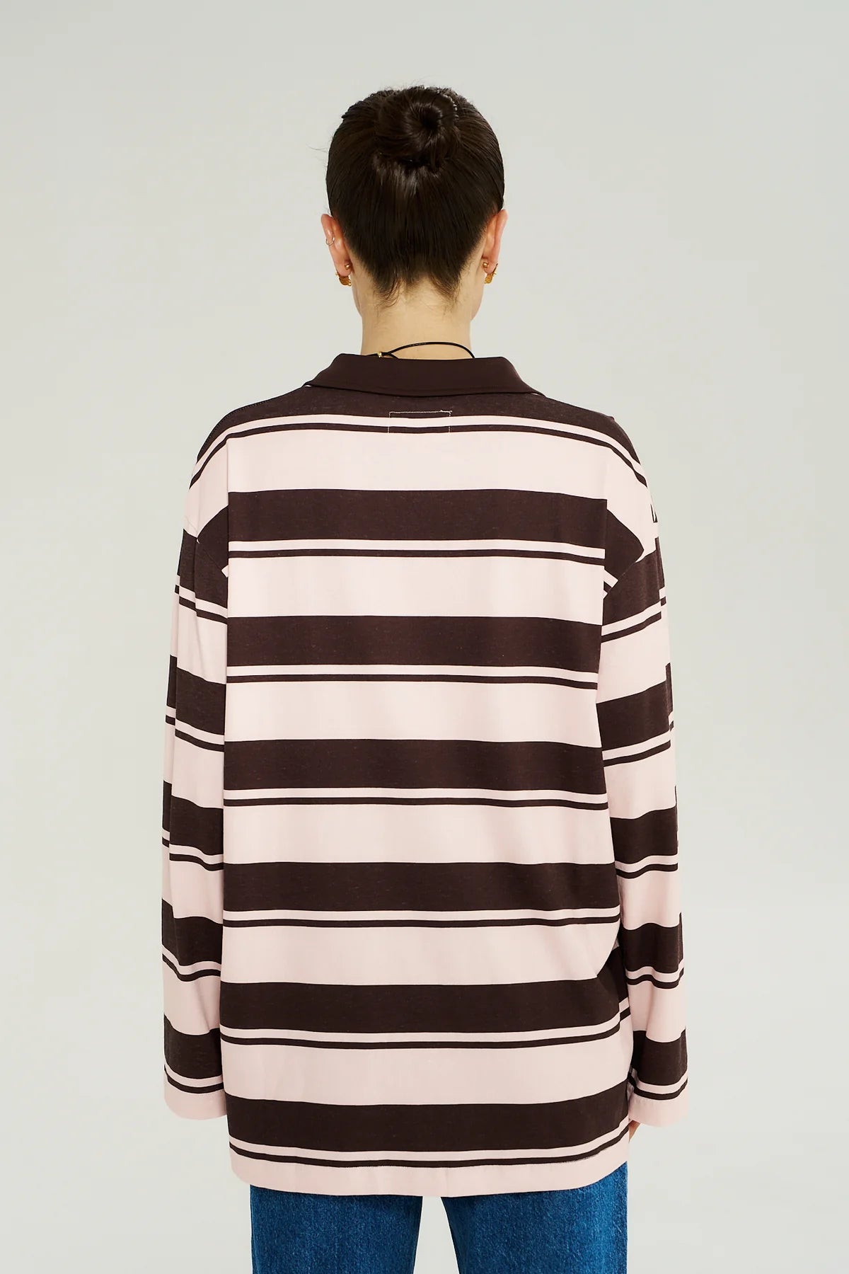 LS POLO TOP - CHOC ROSE STRIPE