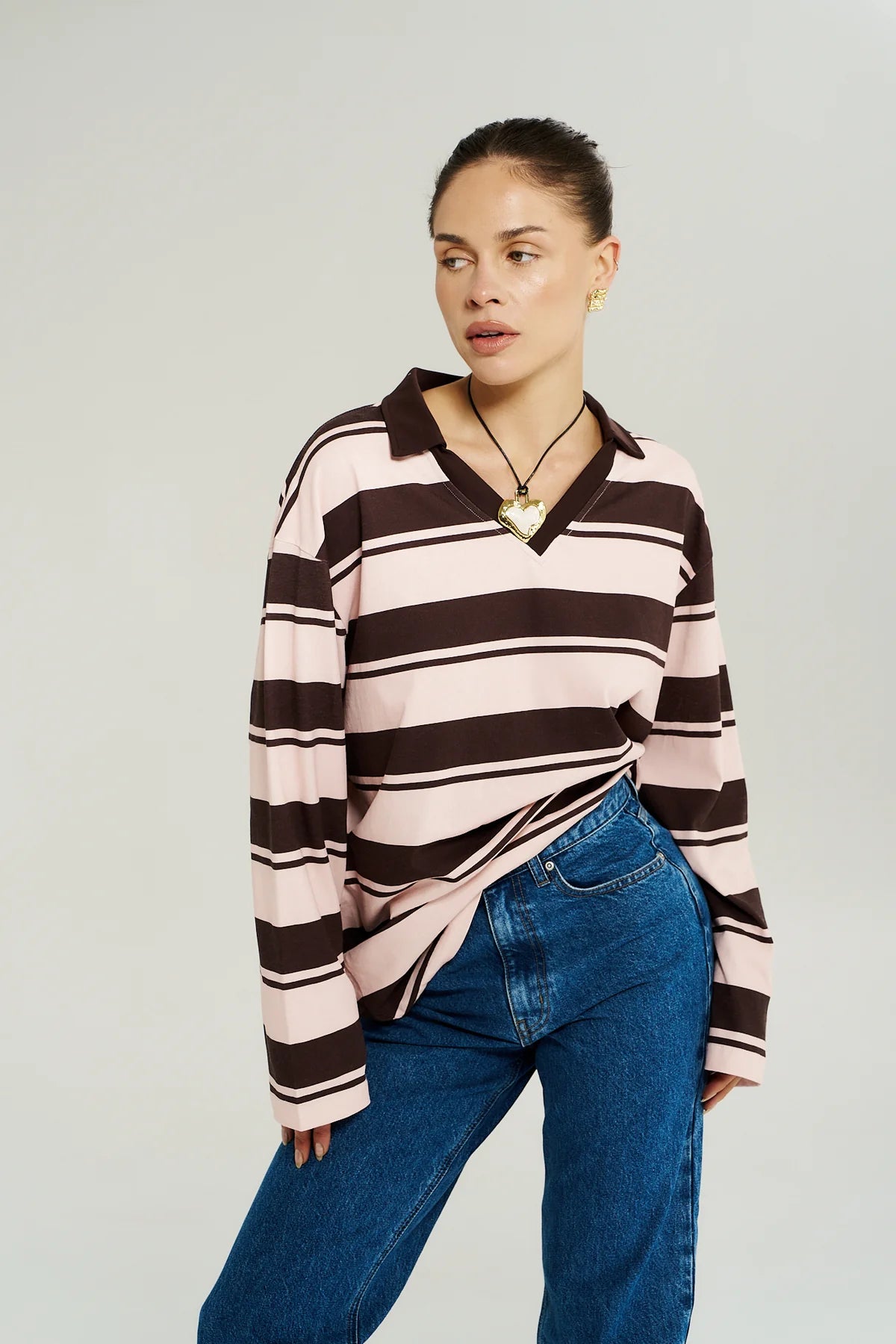 LS POLO TOP - CHOC ROSE STRIPE
