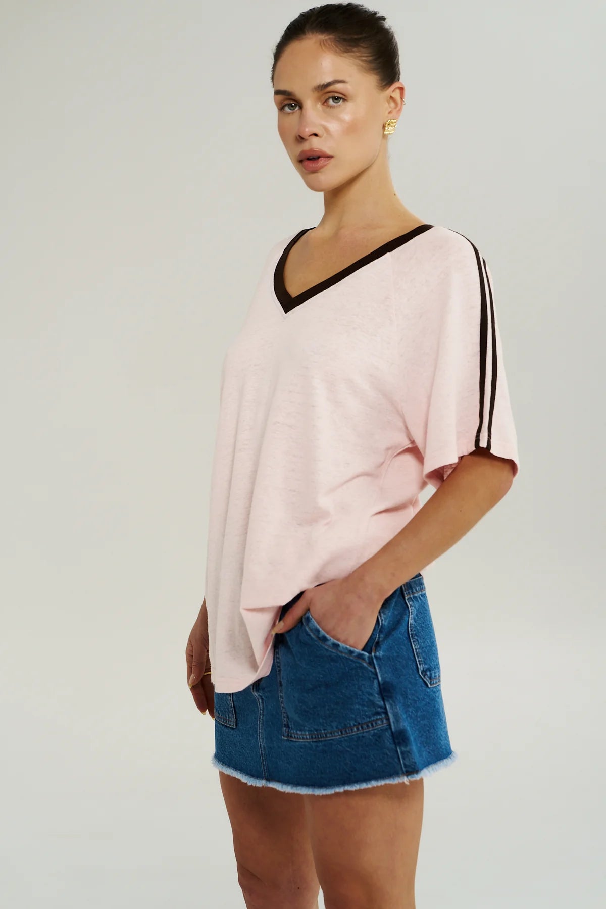 V NECK JERSEY TEE - DUSTY ROSE