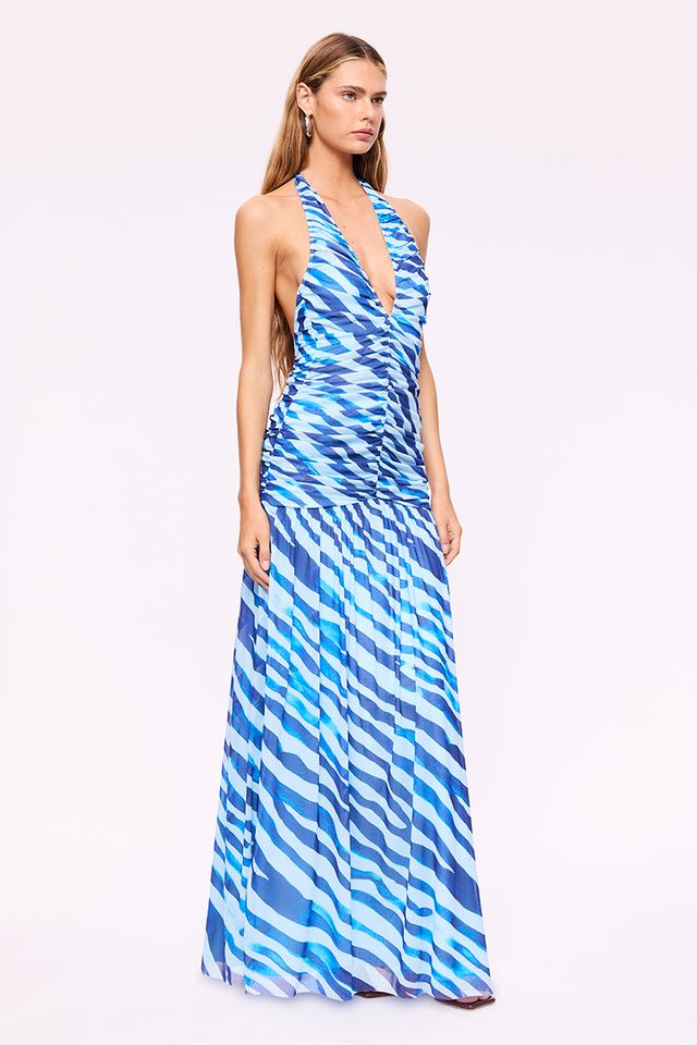 ALEKS ZEBRA HALTER MAXI DRESS