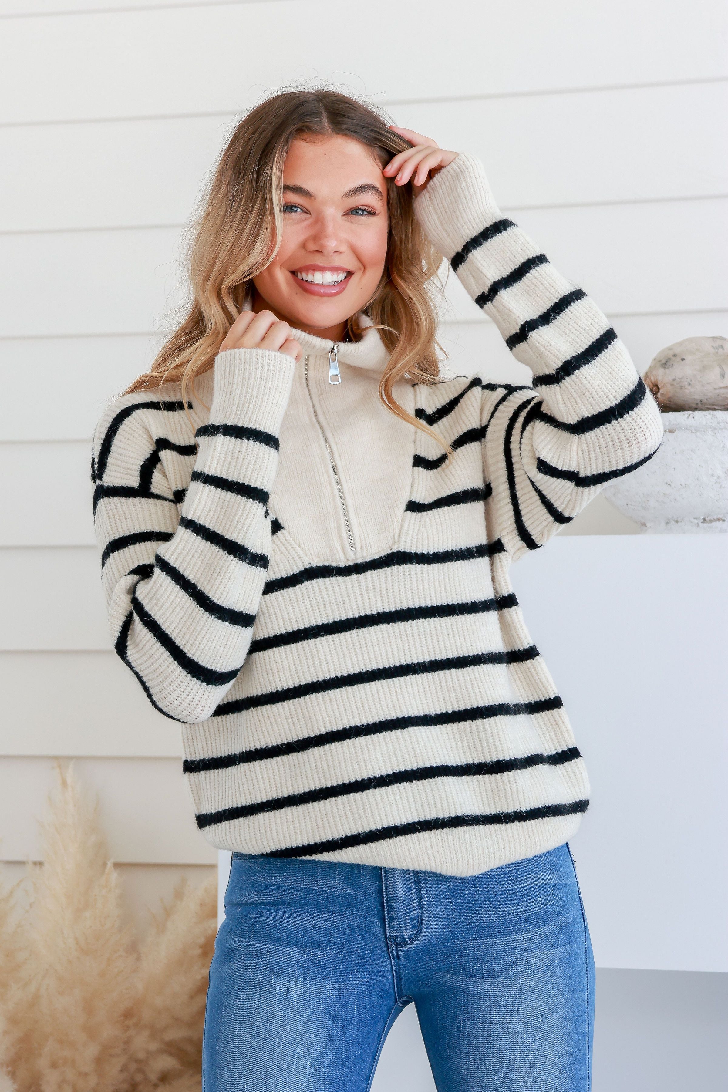 STRIPE ZIP FRONT KNIT